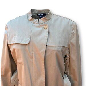 DKNY Women's Size L, Rare Khaki Trench Coat, Mandarin Collar, Zip Closure, Belt